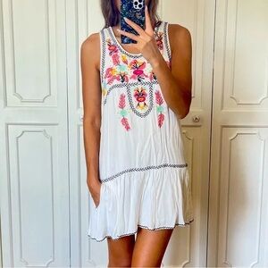 Lovers + Friends Heart Babydoll Floral Embroidered Flowy drop waist mini dress